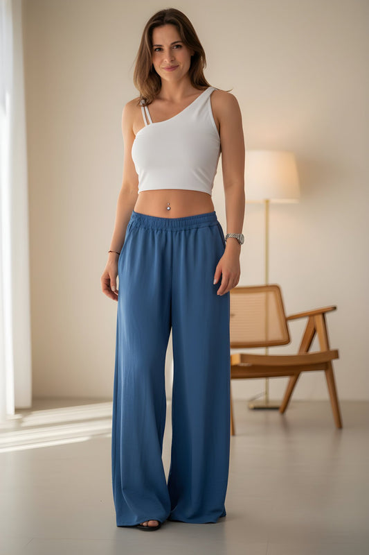 Oversize Slouchy Wide Leg Soft Textured Elastic Waist Pockets Pants - Blue