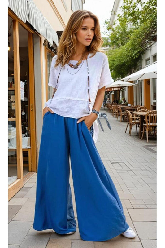 Oversize Slouchy Wide Leg Soft Textured Elastic Waist Pockets Pants - Blue