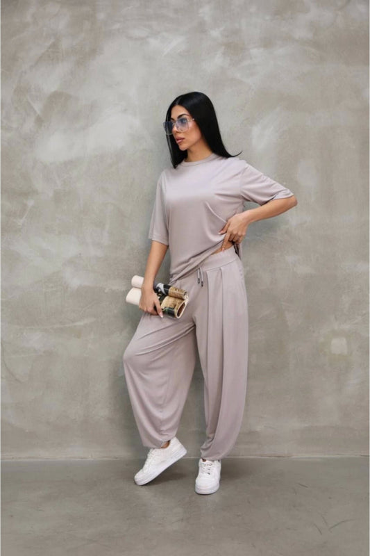 Oversize Soft Textured Crew Neck T-shirt Jogger Set - Grey