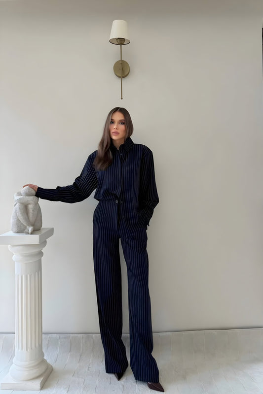 Oversize Striped Crepe Two-piece Set - Navy Blue