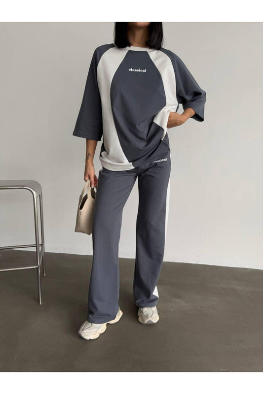 Oversize Writing Detail Tracksuit - Grey