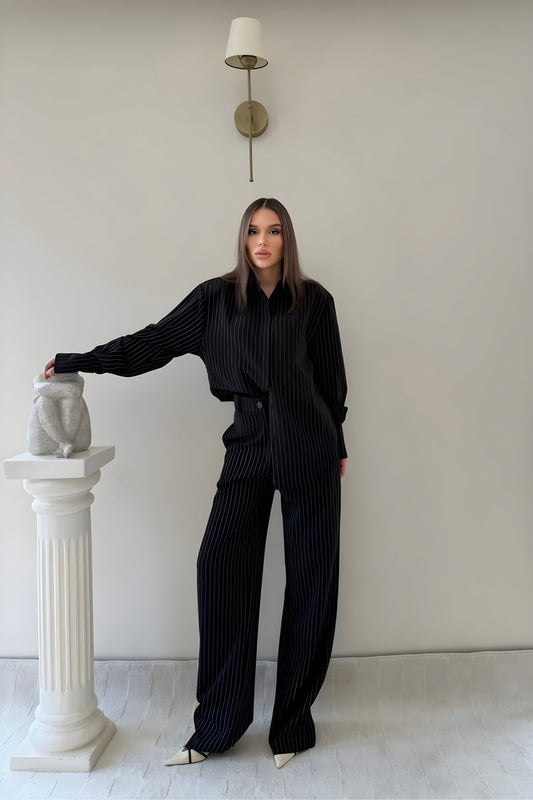 Oversized Striped Crepe Set - Black