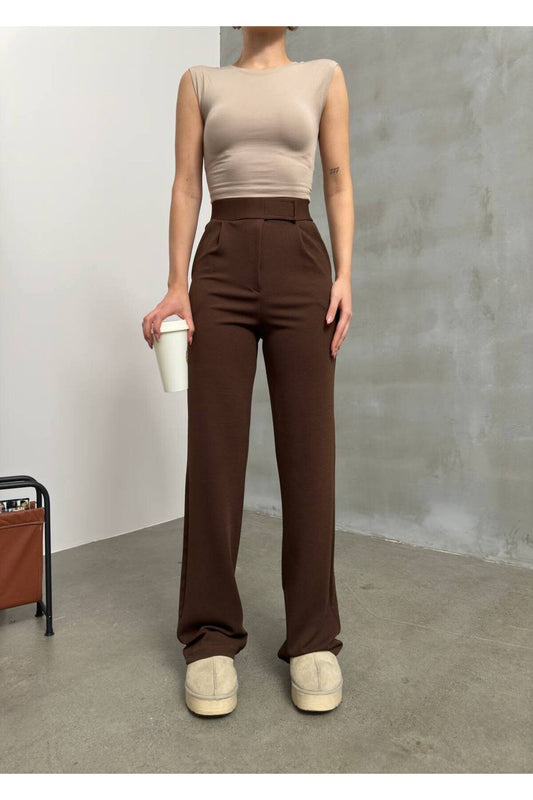 Palazzo Jacquard Velcro Detail Pants - Brown