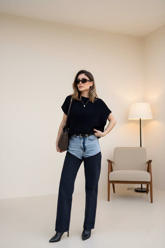 Palazzo Jeans Patchwork Pants - Black