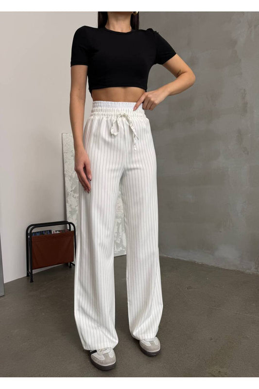Palazzo Lace-up Trimmed Pants - White