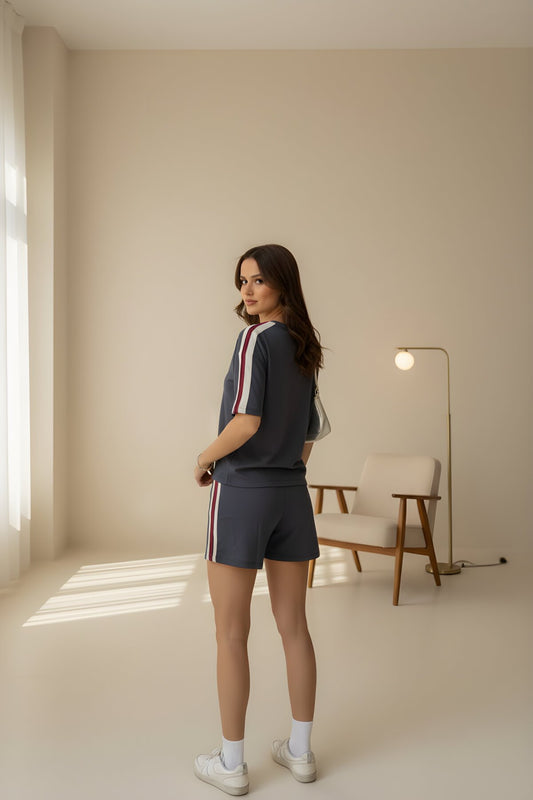 Paneled Osy Modal Crew Neck Skort Two-Piece Set - Smoke Gray