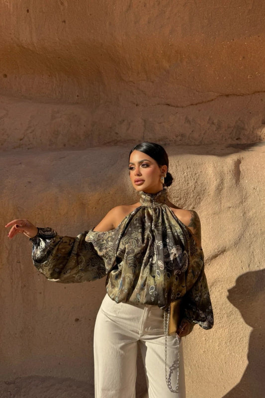 Patterned Chiffon High-Neck Shoulder Cutout Blouse - Green