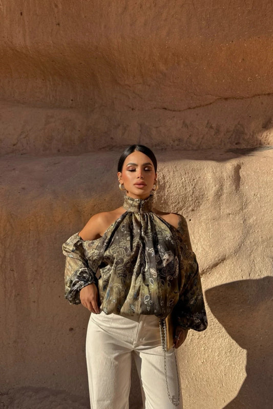 Patterned Chiffon High-Neck Shoulder Cutout Blouse - Green