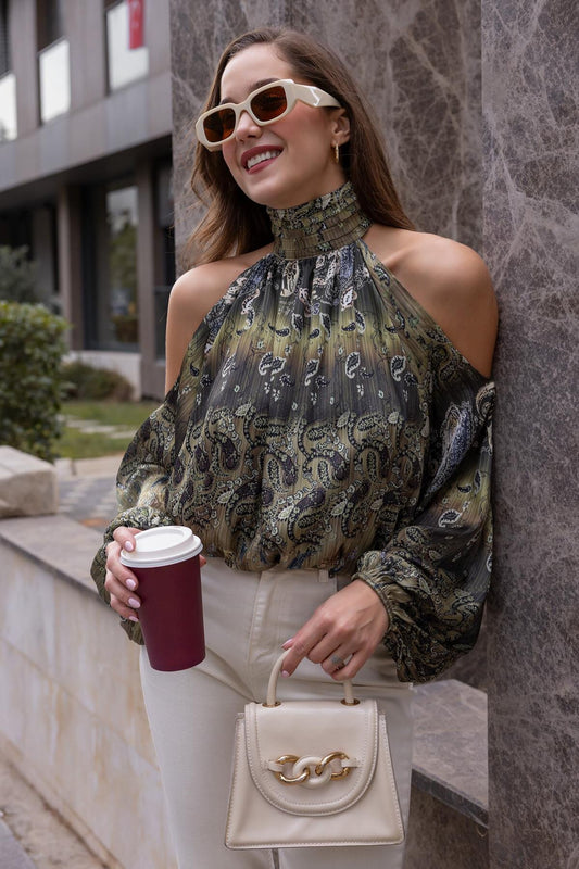 Patterned Chiffon Stand Collar Cold Shoulder Blouse - Green