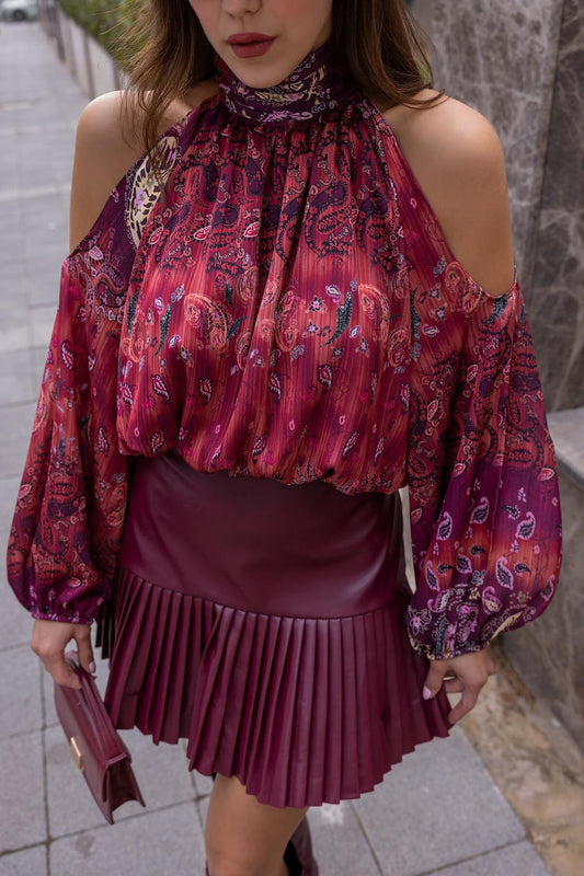 Patterned Chiffon Stand Collar Shoulder Cutout Blouse - Bordeaux