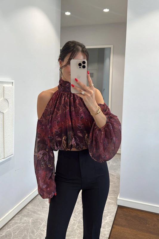 Patterned Chiffon Stand-Collar Shoulder-Cutout Blouse - Burgundy