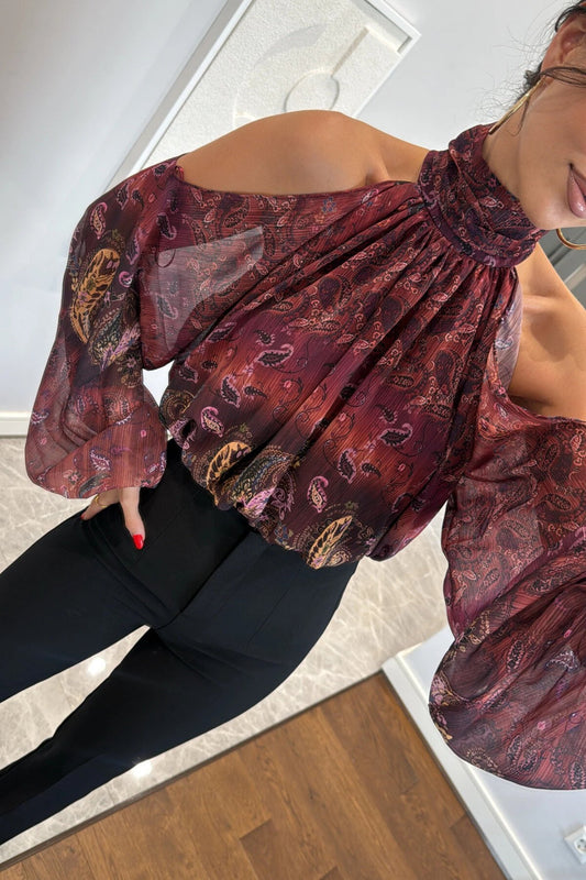 Patterned Chiffon Stand-Collar Shoulder-Cutout Blouse - Burgundy
