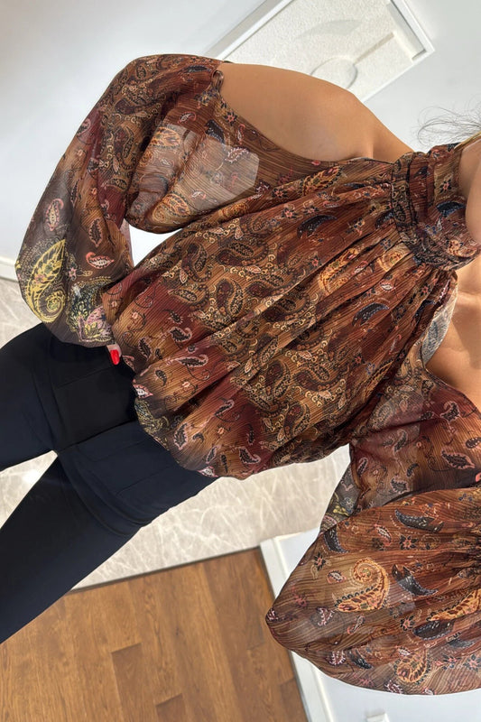 Patterned Chiffon Stand Collar Shoulder Cutout Blouse - Orange