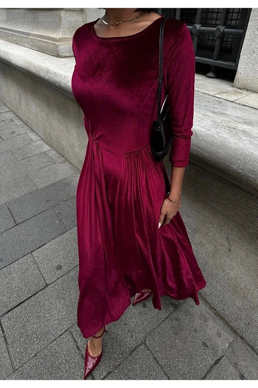 Premium Velvet Belt-Detail Dress - Bordeaux