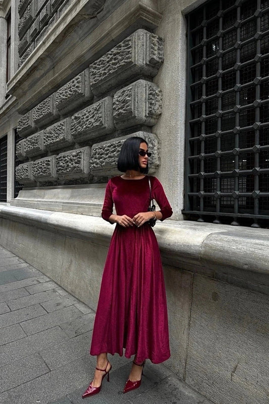 Premium Velvet Belt-Detail Dress - Bordeaux