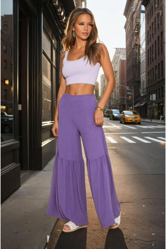 Relaxed Fit Aerobin Elastic Waist Gathered Pants - Purple