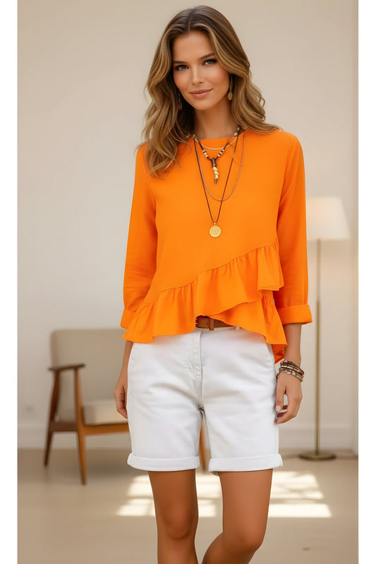 Relaxed Fit Long Back Ruffled Cotton Linen Blouse - Orange