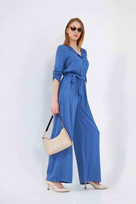 Relaxed Fit Long Sleeve Belted Jumpsuit - Indigo Blue