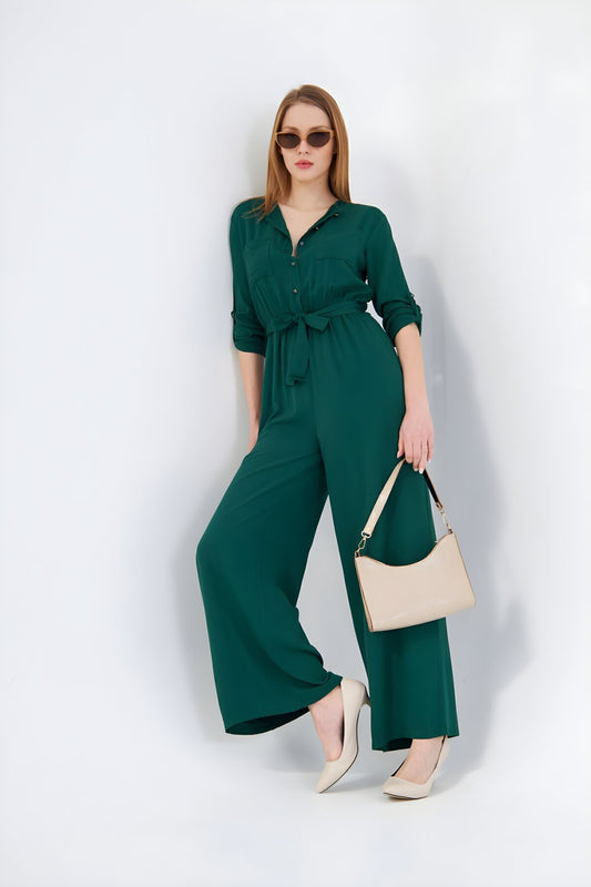 Relaxed Fit Long-Sleeve Belted Pocketed Jumpsuit - Emerald Green