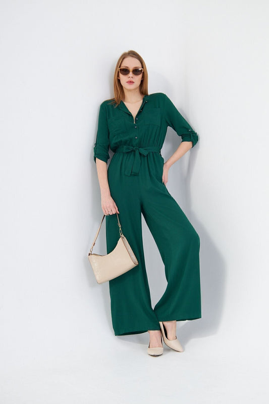 Relaxed Fit Long-Sleeve Belted Pocketed Jumpsuit - Emerald Green