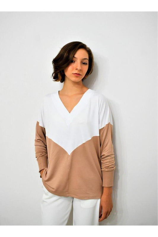 Relaxed Fit Soft Textured V-Neck Jersey Blouse - Beige White