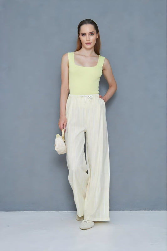 Relaxed Fit Wide Leg Poplin Drawstring Broderie Anglaise Detail Pants - Yellow