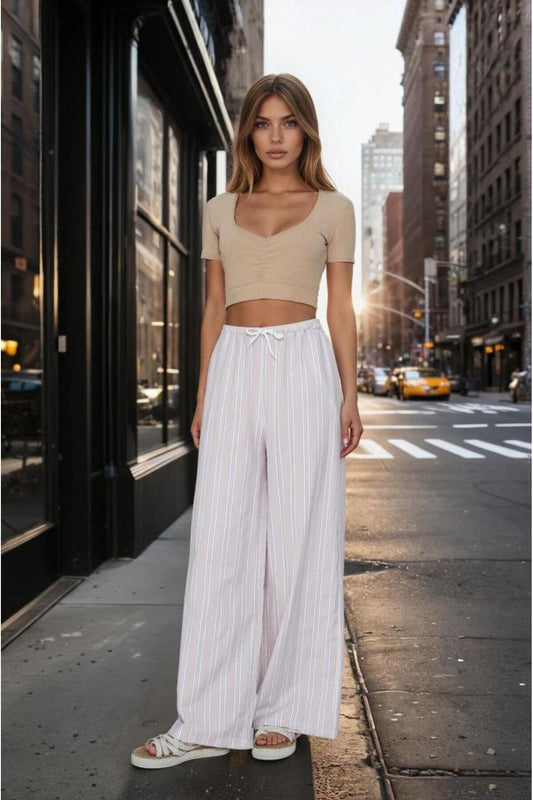 Relaxed Fit Wide Leg Poplin Tie-Waist Eyelet Pants - Beige