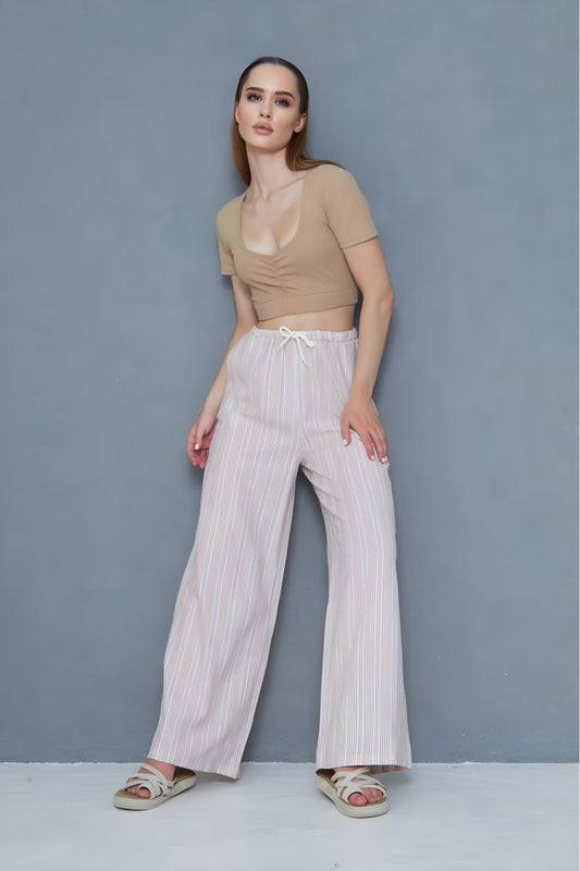 Relaxed Fit Wide Leg Poplin Tie-Waist Eyelet Pants - Beige