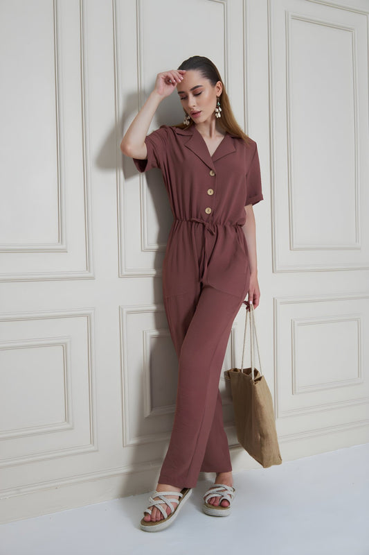 Relaxed Short-Sleeve Lapel Jumpsuit - Dried Rose