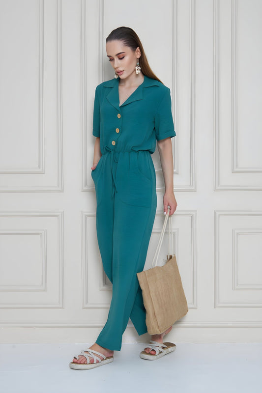 Relaxed Short-Sleeved Lapel Collar Buttoned Pockets Belted Jumpsuit - Petrol