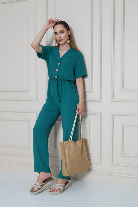 Relaxed Short-Sleeved Lapel Collar Buttoned Pockets Belted Jumpsuit - Petrol