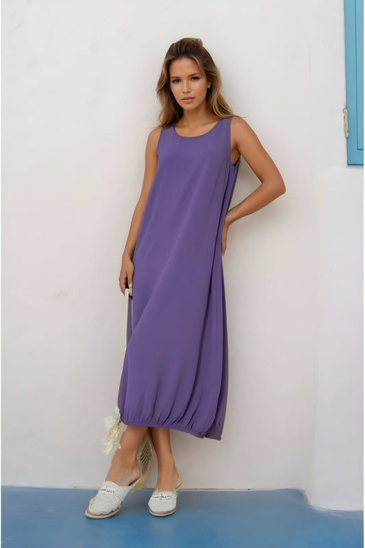 Relaxed Summer Midi Airobin Dress with Elasticated Skirt - Lilac