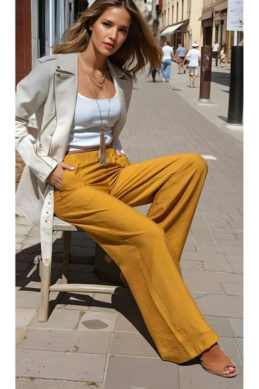 Relaxed Wide Leg Linen Textured Elastic Waist Pants - Mustard