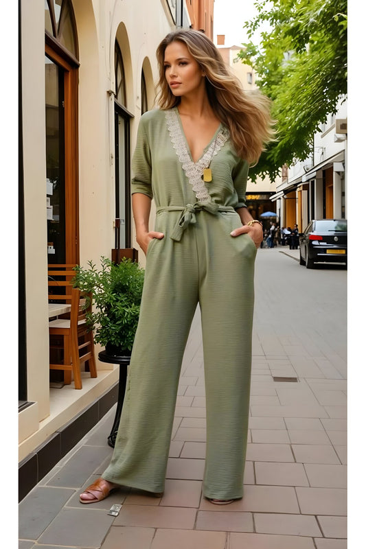 Relaxed Wrap Belted Elastic-Waist Jumpsuit with Woven Collar - Khaki