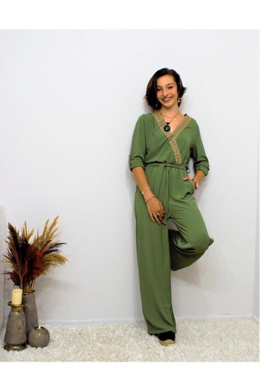 Relaxed Wrap Belted Elastic-Waist Jumpsuit with Woven Collar - Khaki