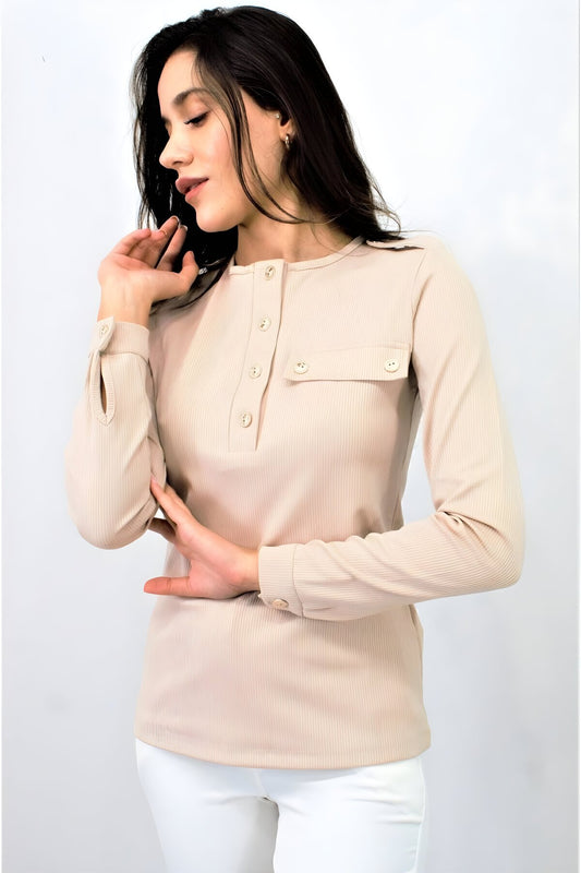 Ribbed Buttoned Stone-Epaulette Blouse