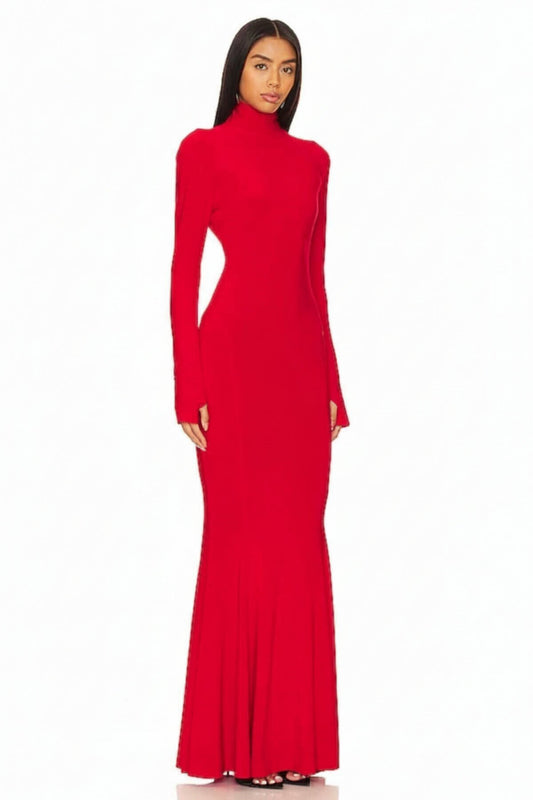 Ruffled Silk Jersey Finger-loop Evening Dress - Red