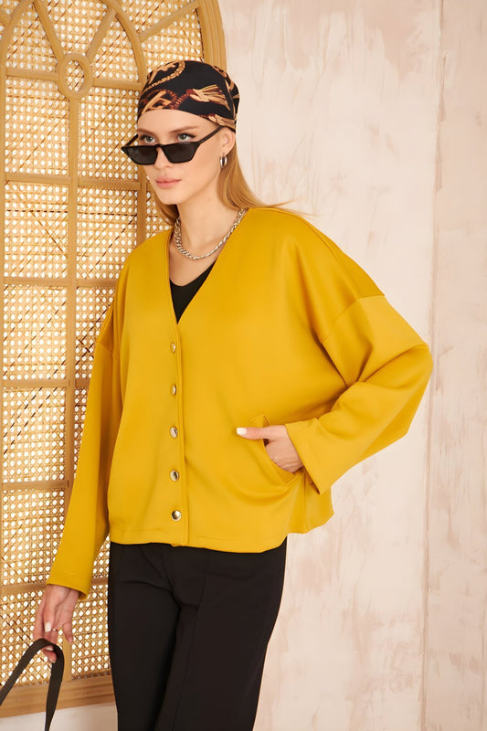Scuba Pocketed Cardigan Jacket with Silver Button Detail - Mustard