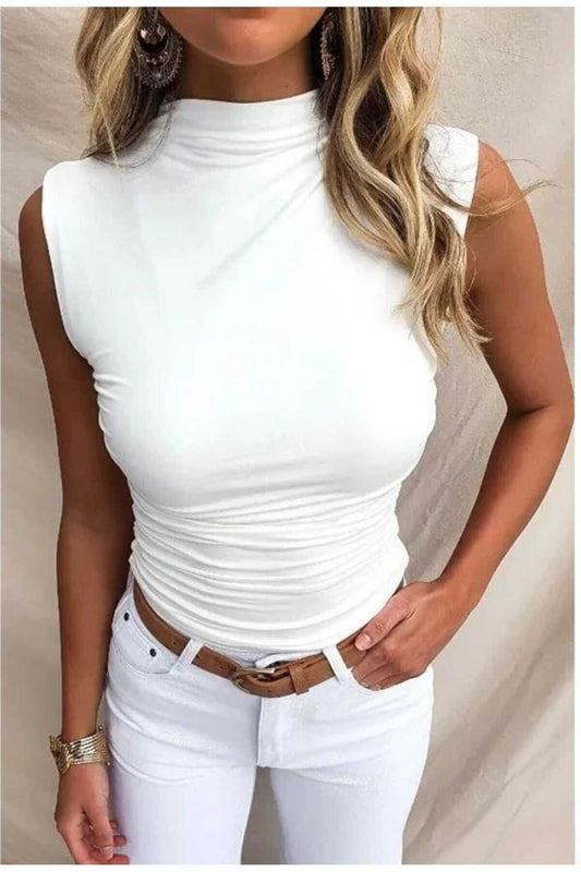 Seamless Lycra Turtleneck Side-Ruched Tank Top Blouse - White