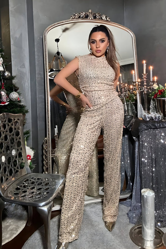 Sequin-and-Bead Detail Pants - Gold