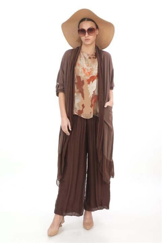 Shawled Italian Silk Cape Pants Set - Brown