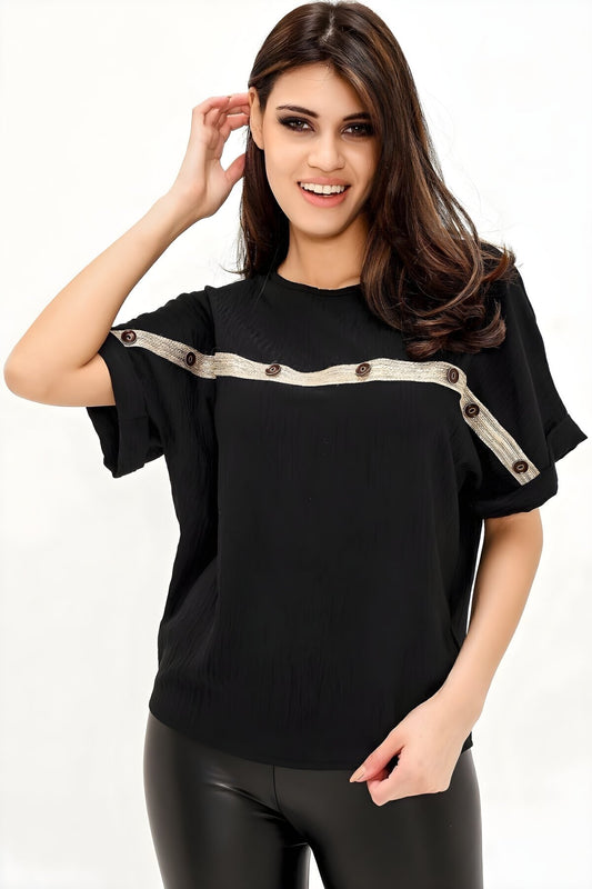 Short Sleeve Cuffed Straw-Strip Button-Detail Blouse - Black