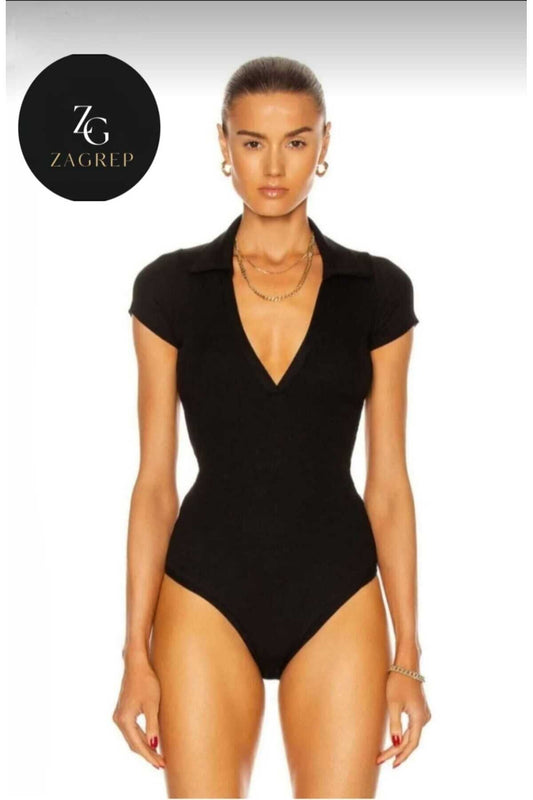 Short Sleeve Double Layered Jersey Placket Bodysuit - Black