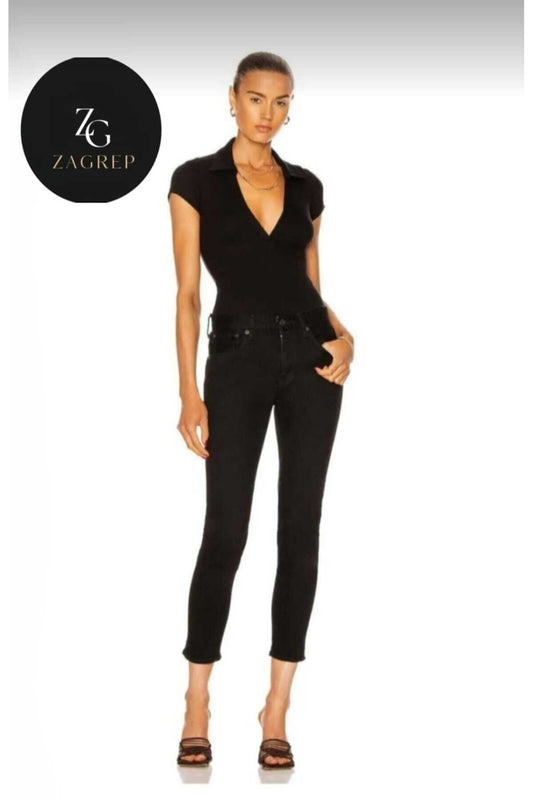 Short Sleeve Double Layered Jersey Placket Bodysuit - Black