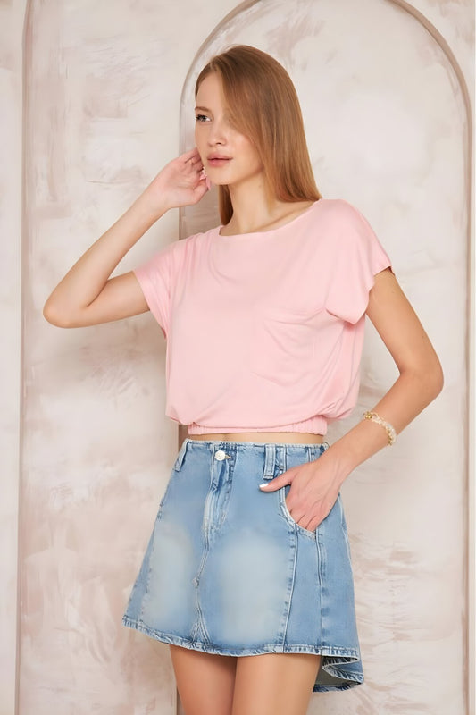 Short Sleeve Elasticated Hem Pocket Crop Blouse - Pink