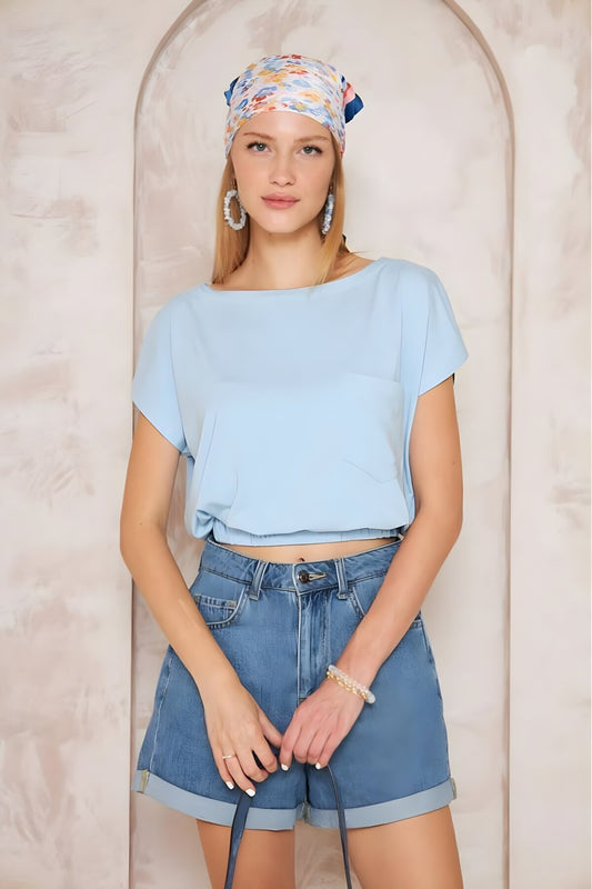 Short Sleeve Elasticated Hem Pocketed Crop Blouse - Baby Blue