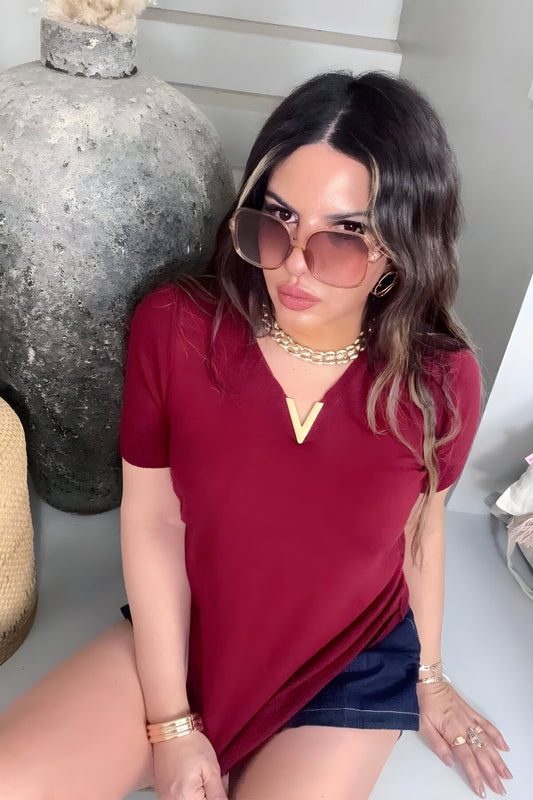 Short Sleeve Knit V Detail Blouse - Burgundy