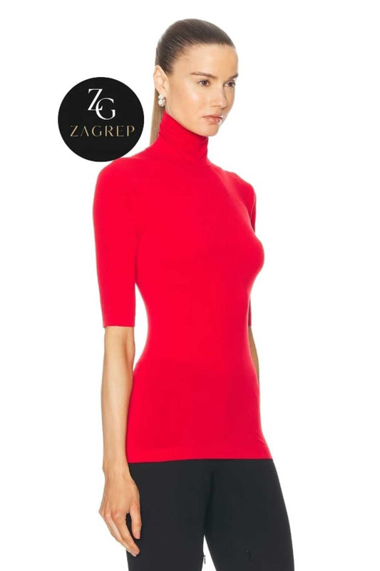 Short Sleeve Opaque Turtleneck Blouse - Red