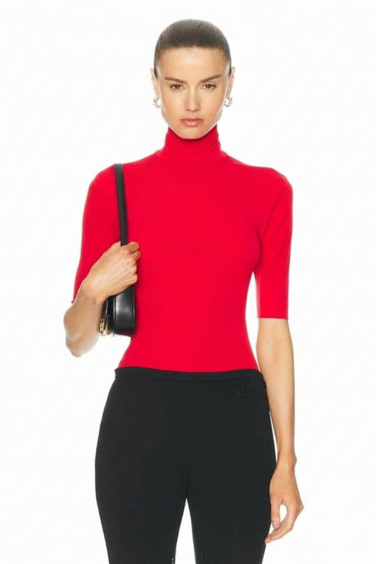 Short Sleeve Opaque Turtleneck Blouse - Red