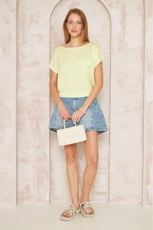 Short Sleeve Pocketed Elastic Hem Crop Top - Yellow
